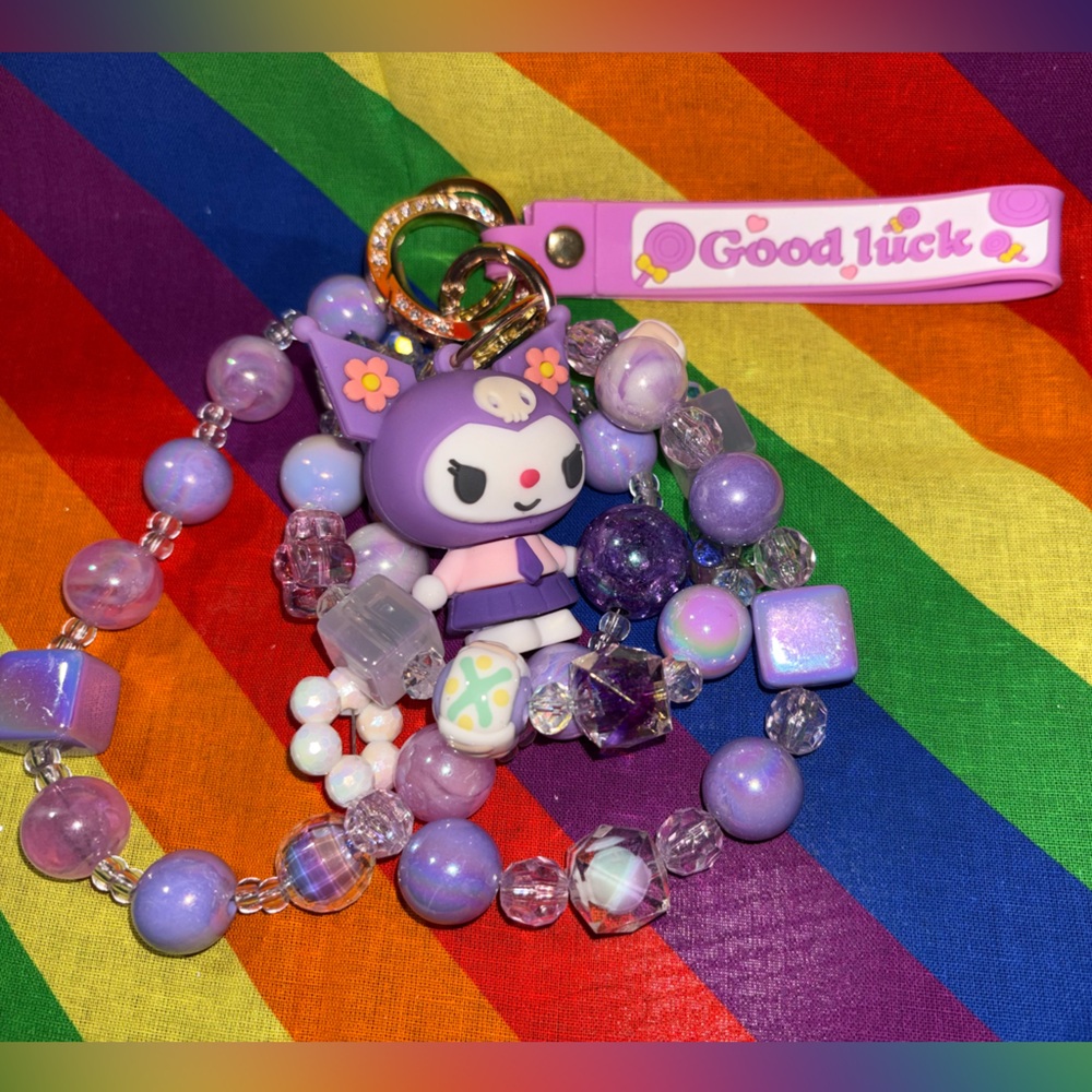 Purple Beaded Keychain with Cute Charm phone charm and keychain large set